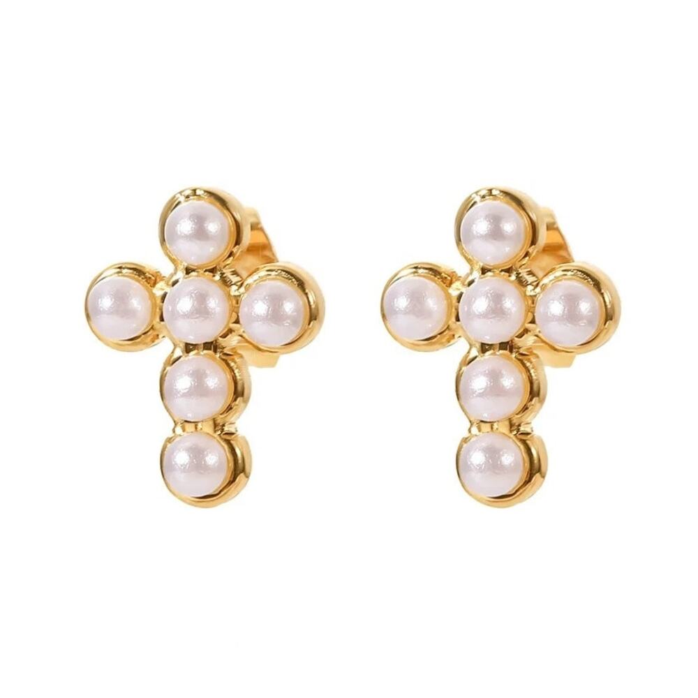 Pearl Cross Stud Earrings 18K Gold‎ Plated Minimalist